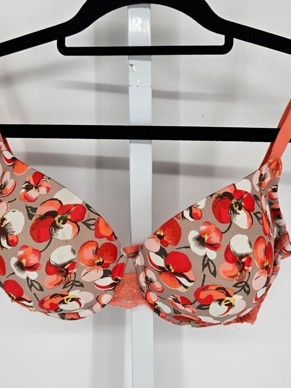 Modern Movement Womens Sz 34C Lightly Padded T Shirt Bra Beige Orange Floral